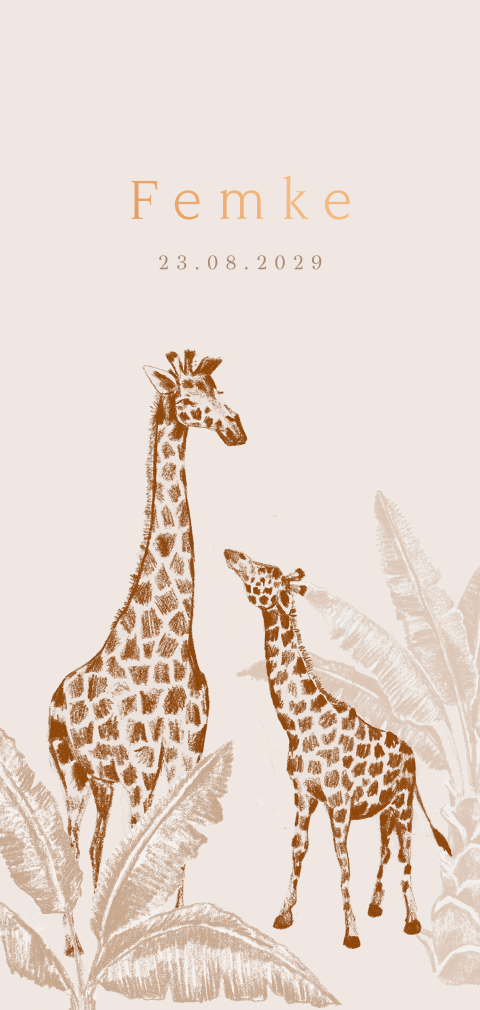 Roestbruin koperfolie geboortekaartje met getekende giraffen