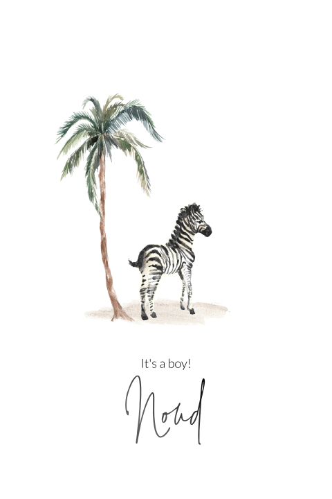 Geboortekaart met zwartfolie en een getekende zebra en palmboom