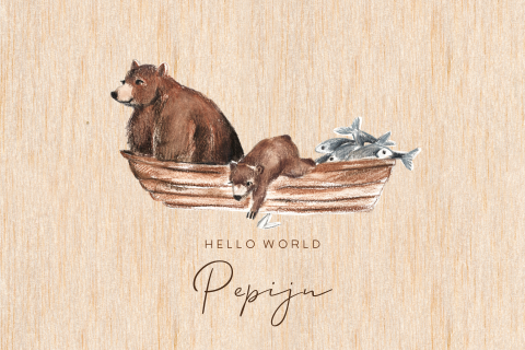 Geboortekaartje van hout met illustratie van beren in een boot