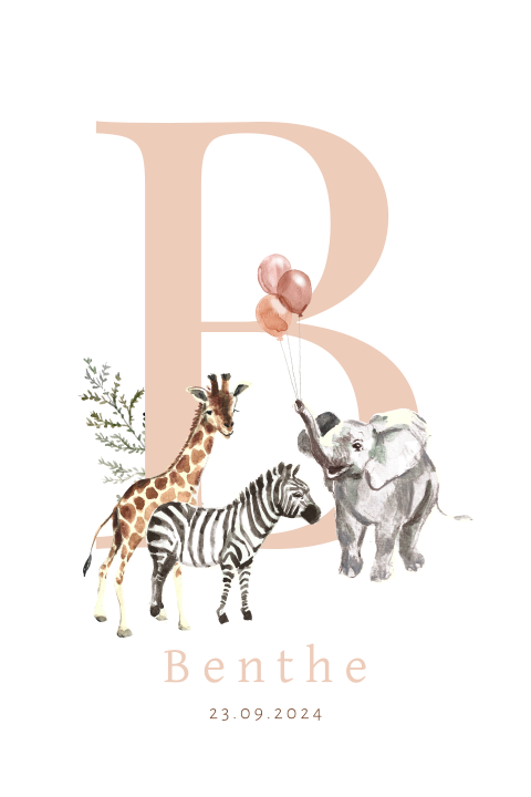 Geboortekaartje met roze initiaal en illustraties van jungle dieren