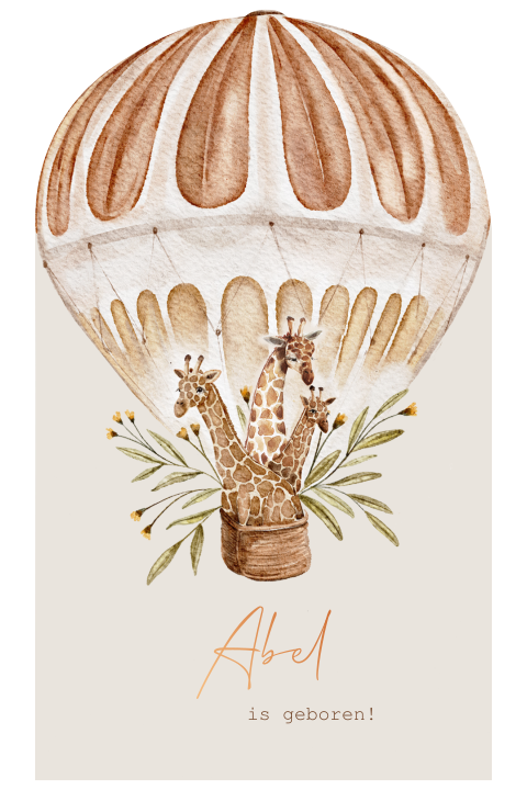 Geboortekaartje met een luchtballon met drie giraffen en takjes