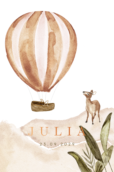 Stans folie geboortekaartje meisje met een luchtballon en een hertje