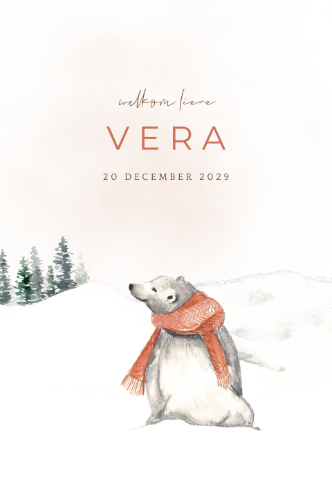 Geboortekaartje winter met een ijsbeer met oranje sjaal en bergen