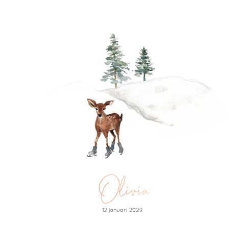 Geboortekaartje winter met een illustratie van een hertje op schaatsen