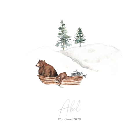 Getekend winter geboortekaartje met beren in een bootje en zilverfolie