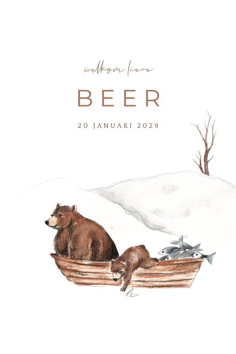 Geboorteposter met een illustratie van beer met kleintje in de winter