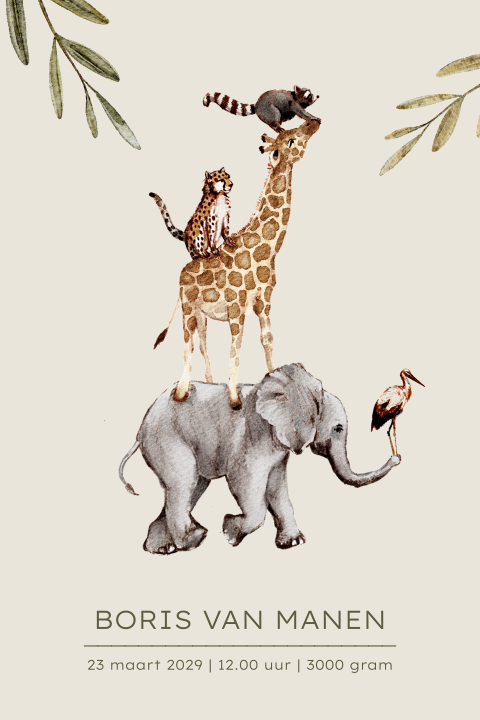 Poster geboorte met naam en stapel jungle dieren