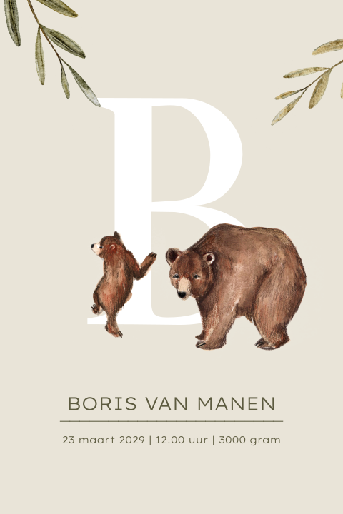 Poster geboorte met naam en initiaal en grote beer met klein beertje