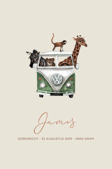 Poster voor de kinderkamer met jungledieren in een bus