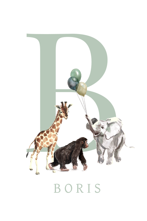 Poster met groene initiaal en naam en vrolijke jungledieren