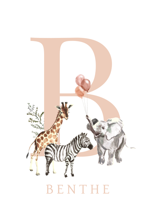 Poster met roze initiaal en vrolijke jungledieren met ballonnen