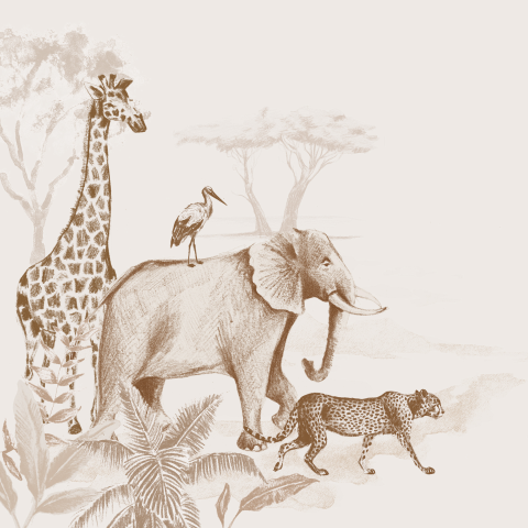 Poster vintage jungle met olifant giraffe en panter