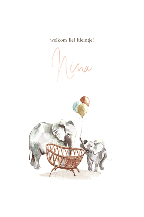 Roséfolie geboortekaartje met olifanten bij een wiegje met ballonnen