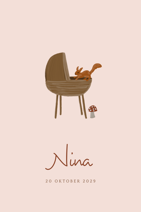 Roze geboortekaartje met een wiegje met eekhoorn illustratie