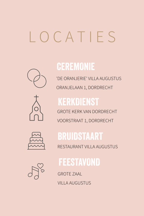 Roze label daggasten met pictogrammen en locaties voor de bruiloft