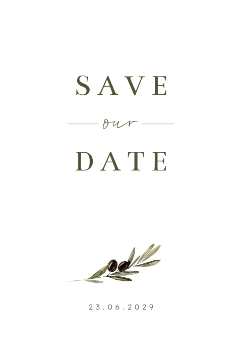 Save the date kaart met olijftak getekend