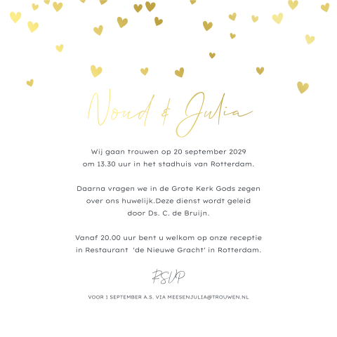 Stijlvolle trouwkaart met donkerblauwe achtergrond goudfolie hartjes