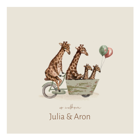 Tweeling geboortekaartje met giraffen in een bakfiets met ballonnen
