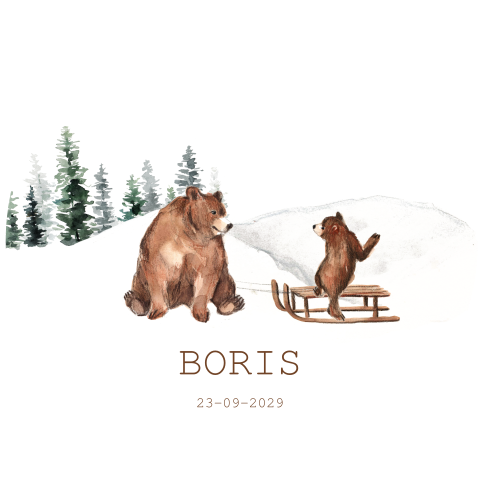 Winter geboortekaartje in ronde vorm met beren in de sneeuw