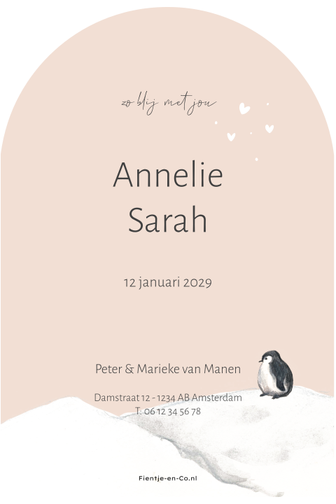 Winter geboortekaartje arch vorm roze met pinguins